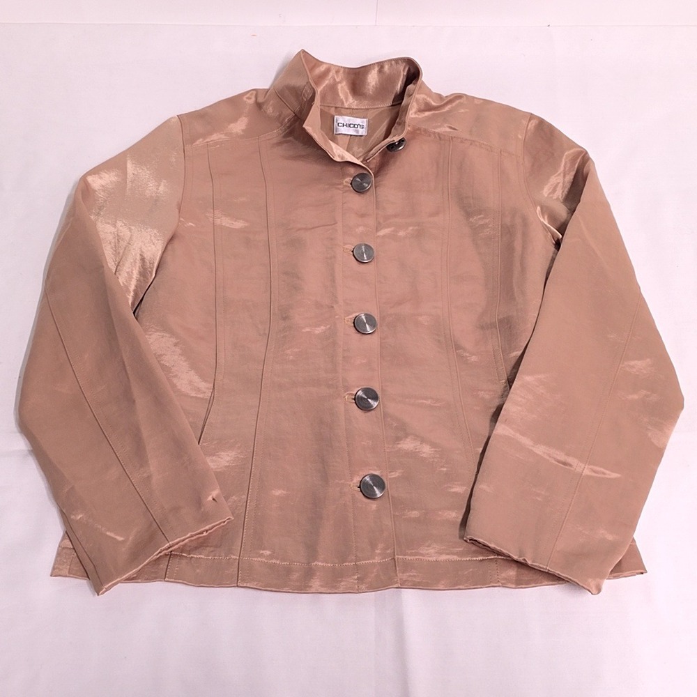 Chico's Button Front Jacket Women 2 Cold Shimmer Mock Neck Metallic